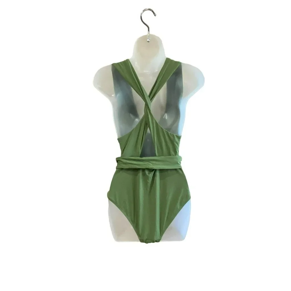 Women's Solid Deep V One Piece Swimsuit Bay Leaf SIZE Medium